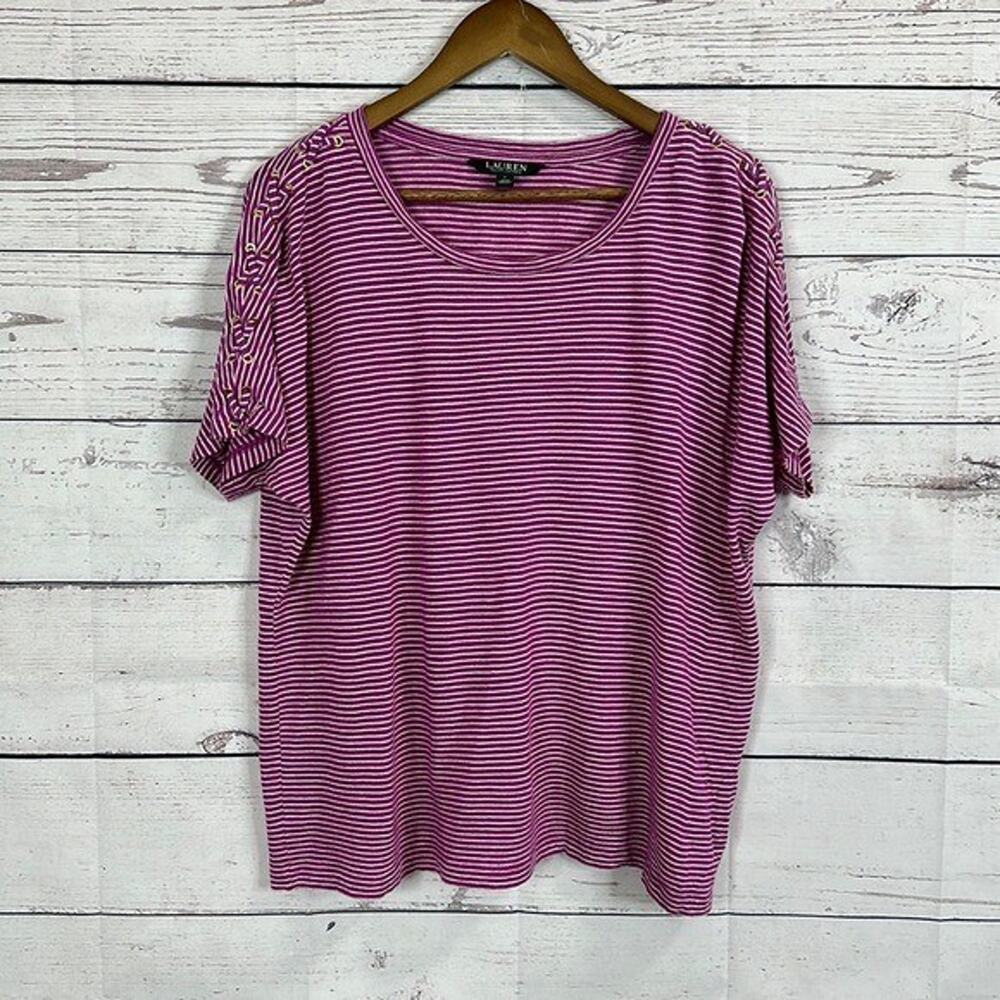 Lauren Ralph Lauren Tee Shirt Top Womens Large Purple Striped Linen Laced Sleeve